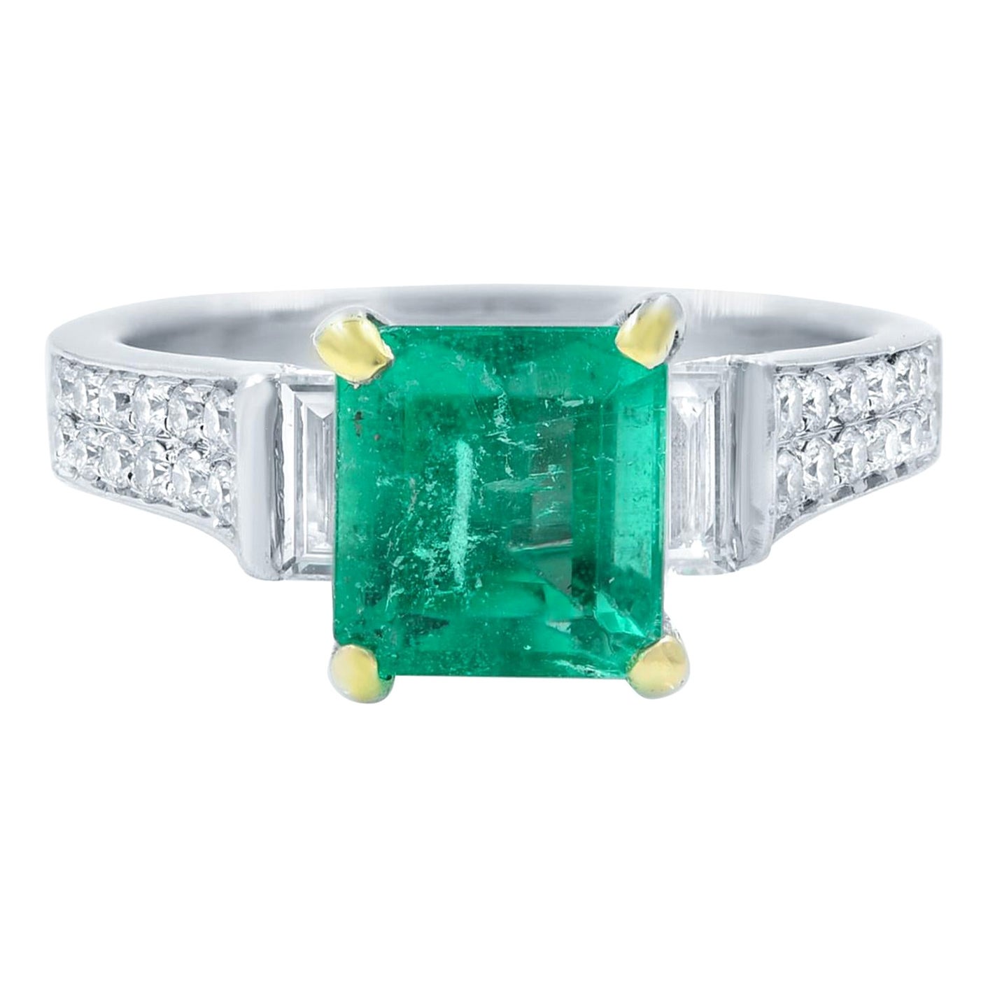 Green Emerald and Diamond Engagement Ring 18K White Gold 1.71Cttw For Sale