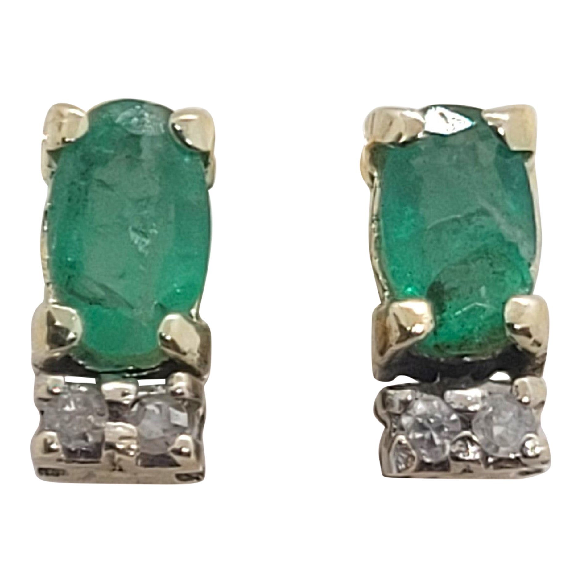 14kt Yellow Gold Oval Emerald Single Cut Diamond Earrings Friction For Sale