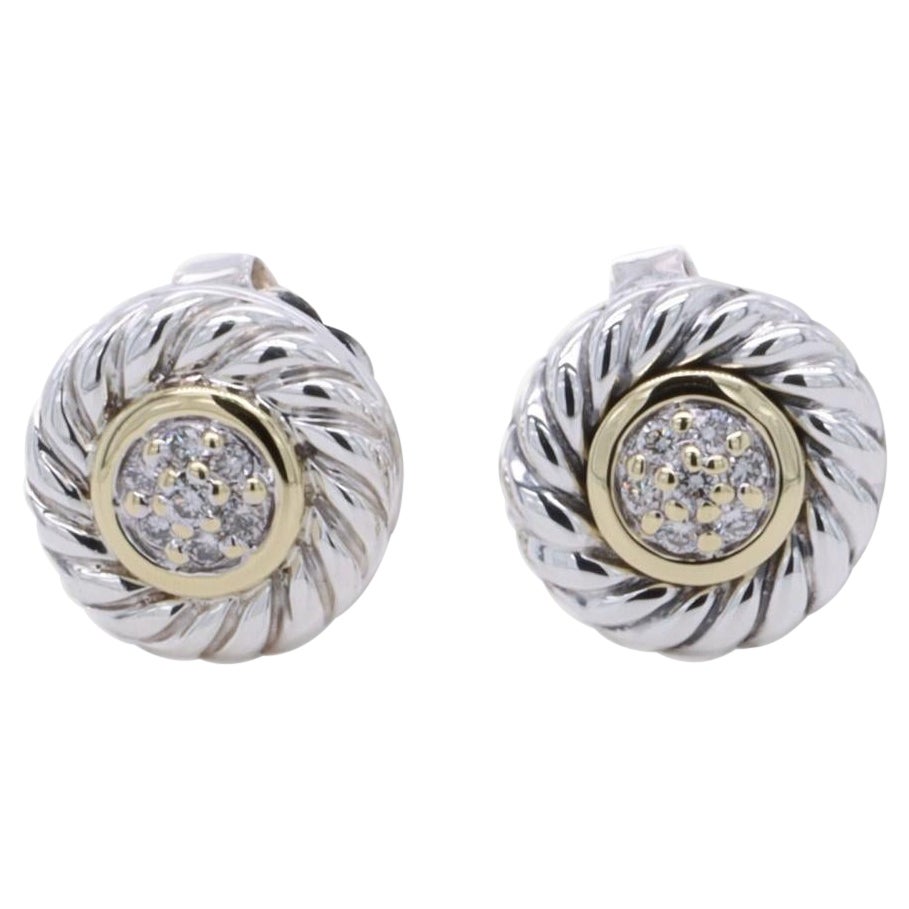 David Yurman Sterling Silver and 18K Gold Pave Diamond Cable Cookie Stud Earring