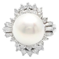 Prächtiger Ring aus massivem Weißgold mit natürlicher Zuchtperle und Diamant 14K