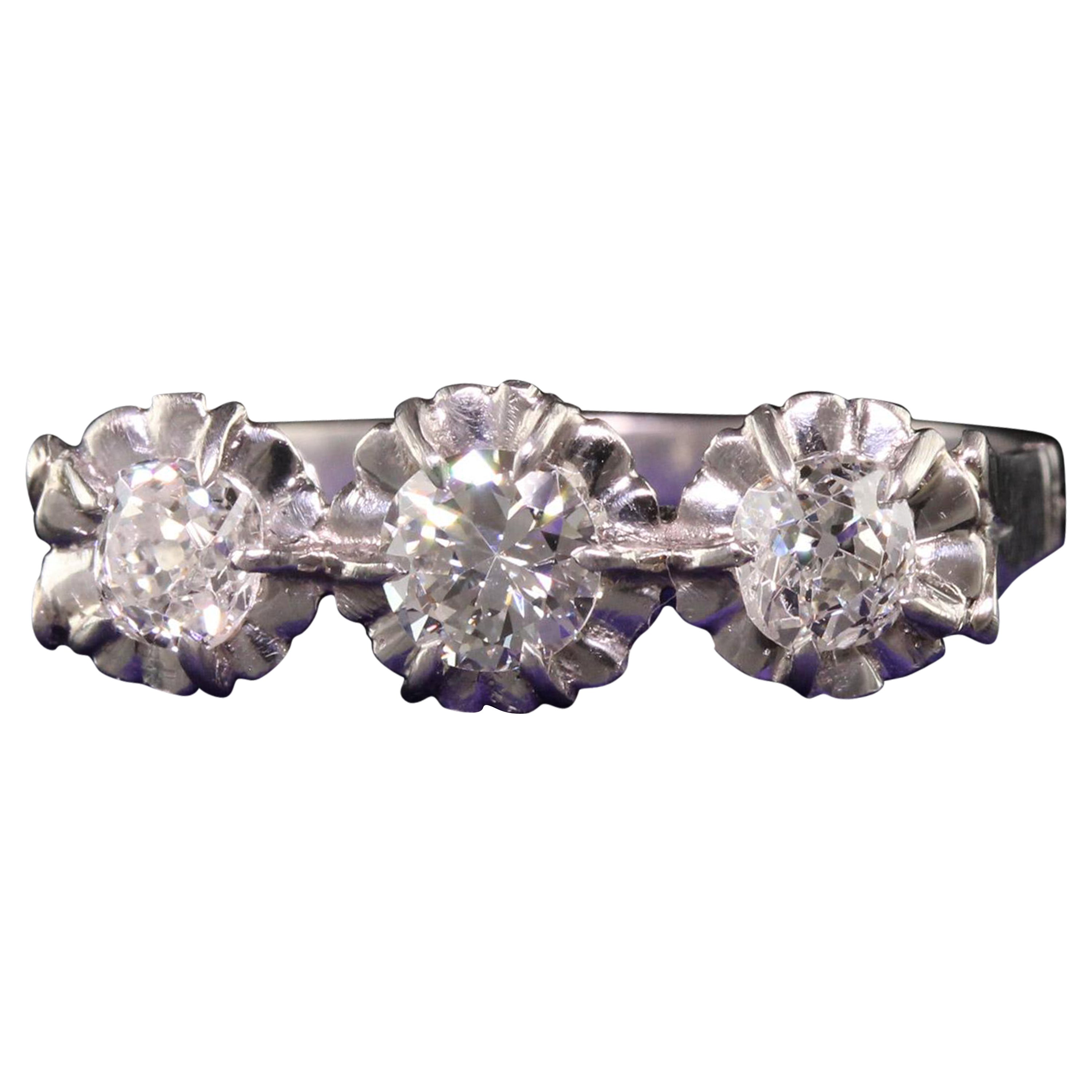 Antique Art Deco Platinum Hallmarked Old Mine Diamond Three Stone Ring For Sale