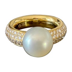 18 K Yellow Gold Ring South Sea Pearl Diamonds Gubelin Lucerne Switzerland