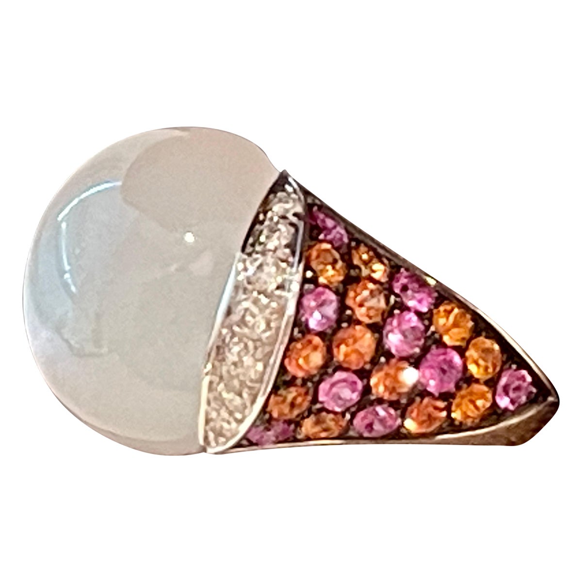 18 K White Gold Ring Fancy Sapphires Diamond Moonsotne Gueblin Lucerne For Sale