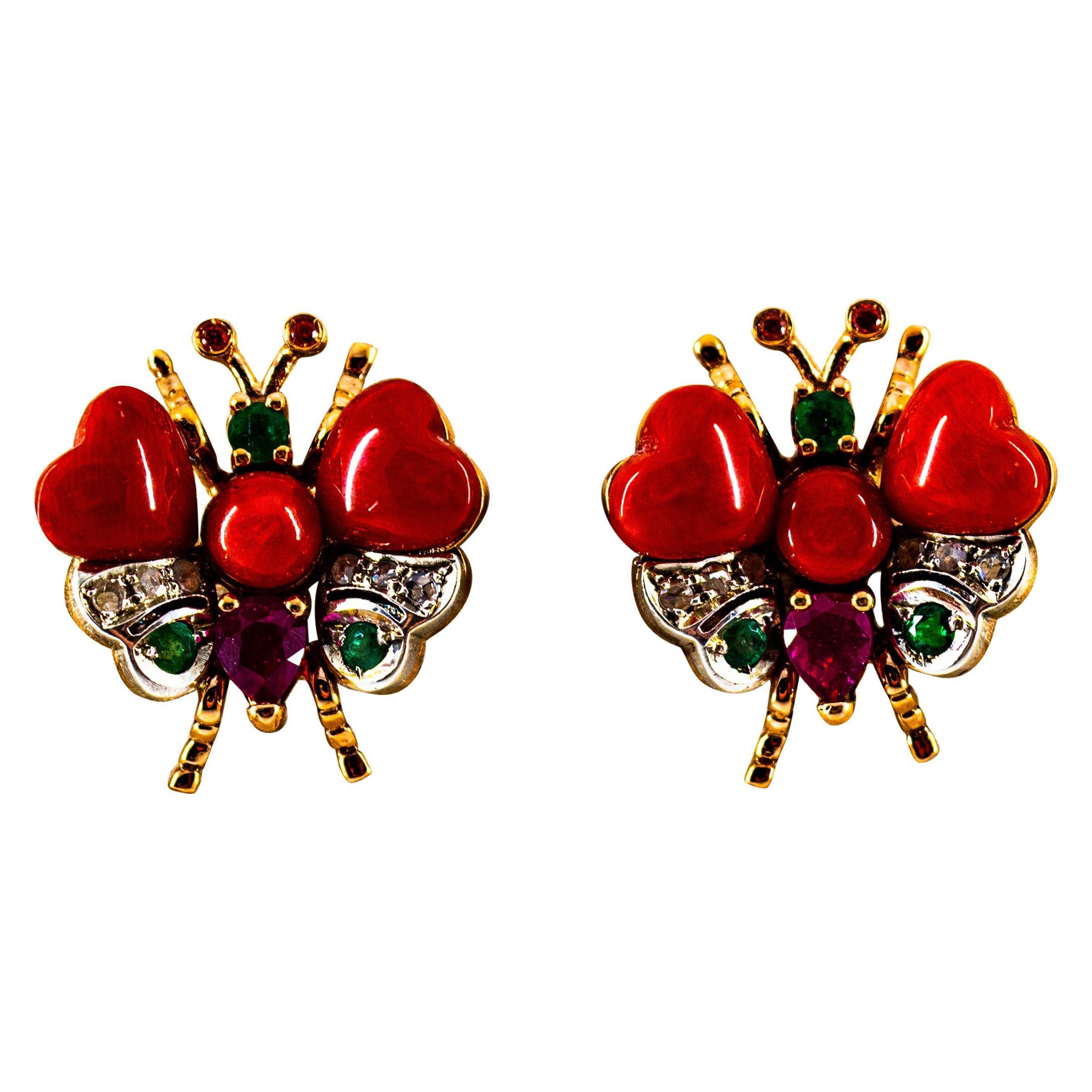 White Diamond Blue Sapphire Ruby Emerald Red Coral Yellow Gold Stud Earrings