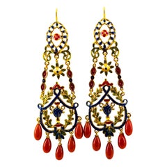 Art Nouveau Style Mediterranean Red Coral Enamel Yellow Gold Stud Drop Earrings