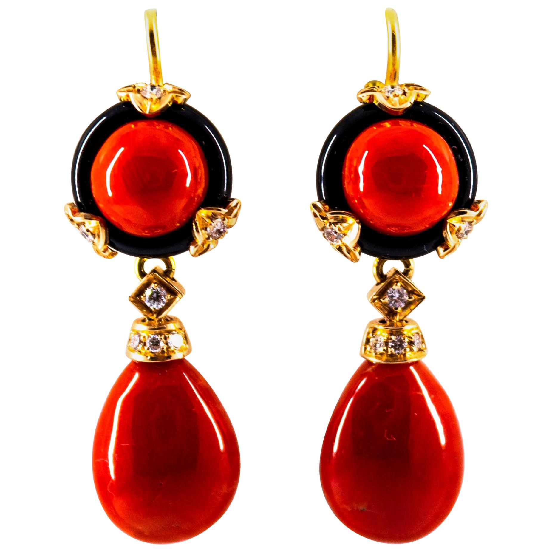 Art Deco Style Mediterranean Red Coral Onyx White Diamond Yellow Gold Earrings For Sale