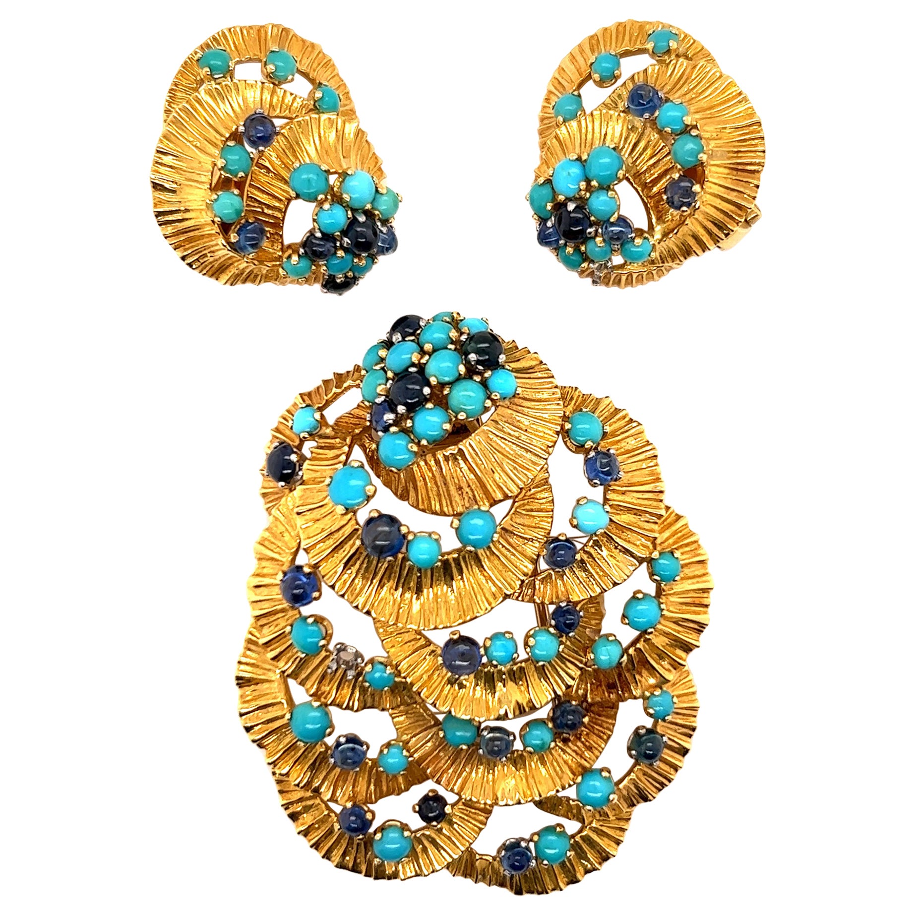 Kutchinsky, 18k Turquoise and Sapphire Brooch and Earring 1962 For Sale