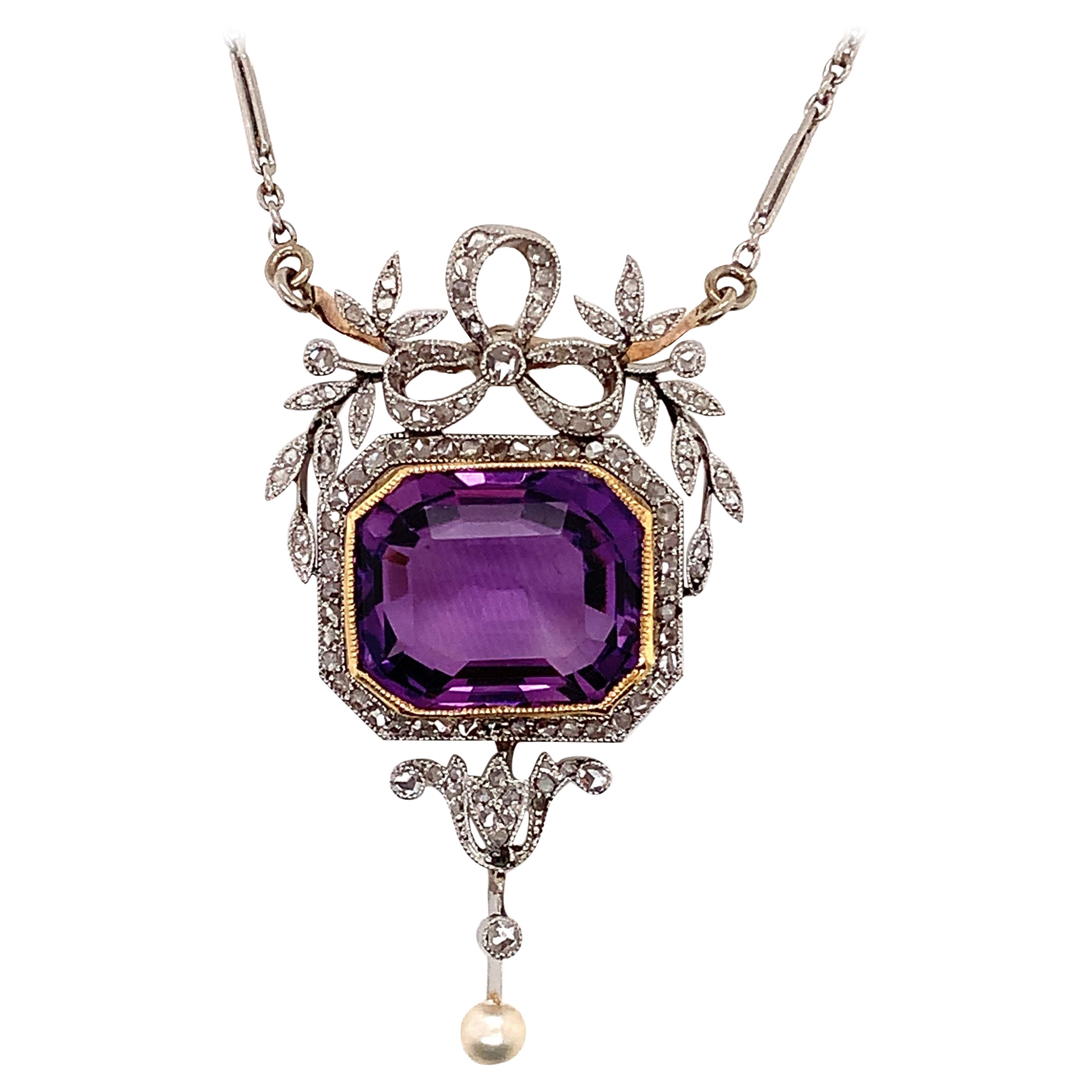 Edwardian platinum diamond and amethyst pendant necklace For Sale