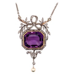 Antique Edwardian platinum diamond and amethyst pendant necklace