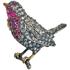 1890s English Antique Ruby Diamond Gold Robin Redbreast Brooch Pin