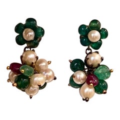 Vintage Emerald Ruby and Pearl Post Back Dangling Earrings 18 Karat Yellow Gold