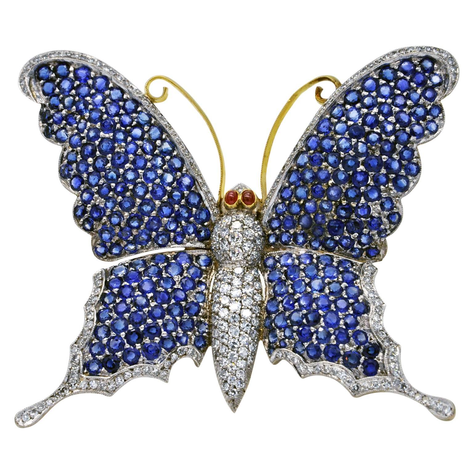 Large Butterfly Brooch, Sapphires Diamonds on Gold