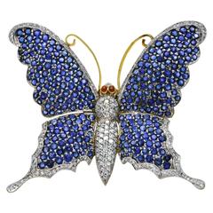 Large Butterfly Brooch, Sapphires Diamonds on Gold 10