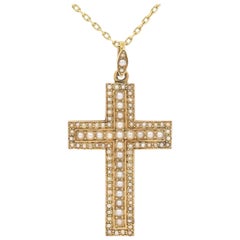 Victorian 15ct Yellow Gold and Pearl Encrusted Cross Pendant, Circa 1860