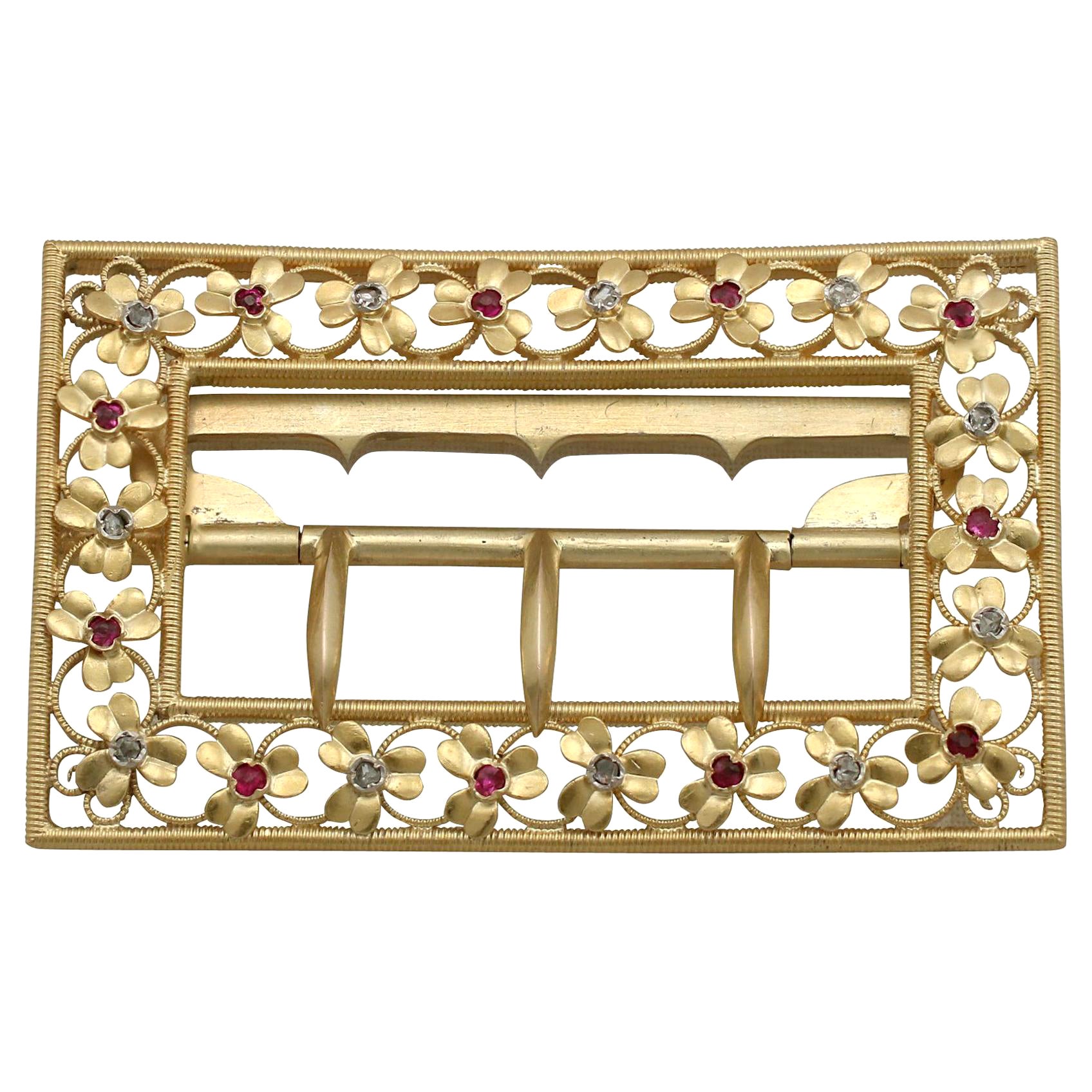 1860s Victorian Diamond and Ruby Yellow Gold Belt Buckle