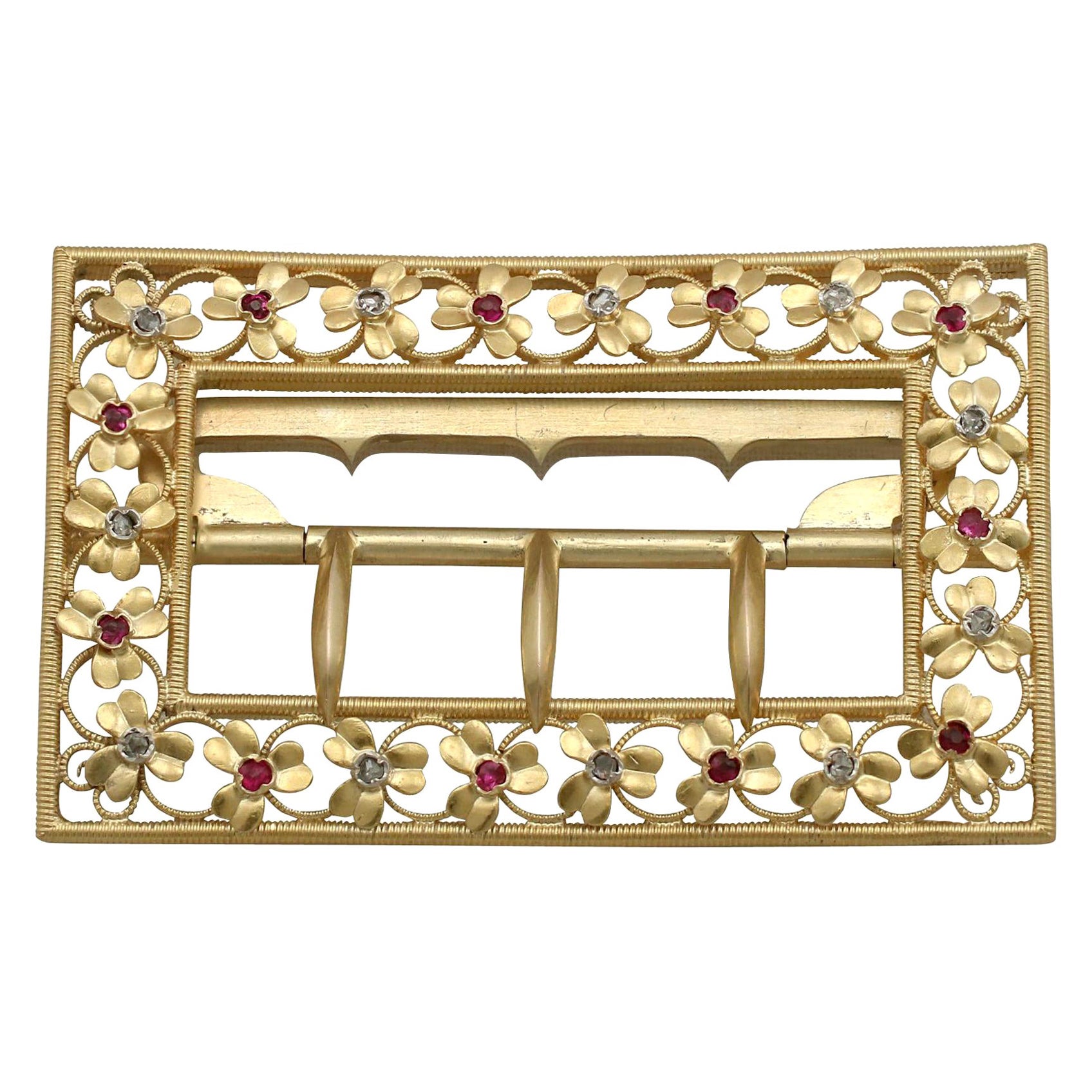 Antique 1860s Victorian Diamond and Ruby Yellow Gold Belt Buckle For Sale