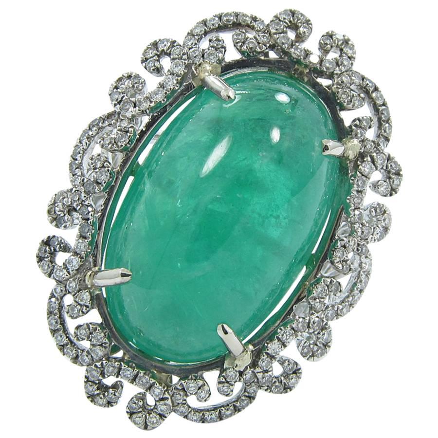 20.45 Carat Cabochon Emerald Diamond Gold Ring For Sale