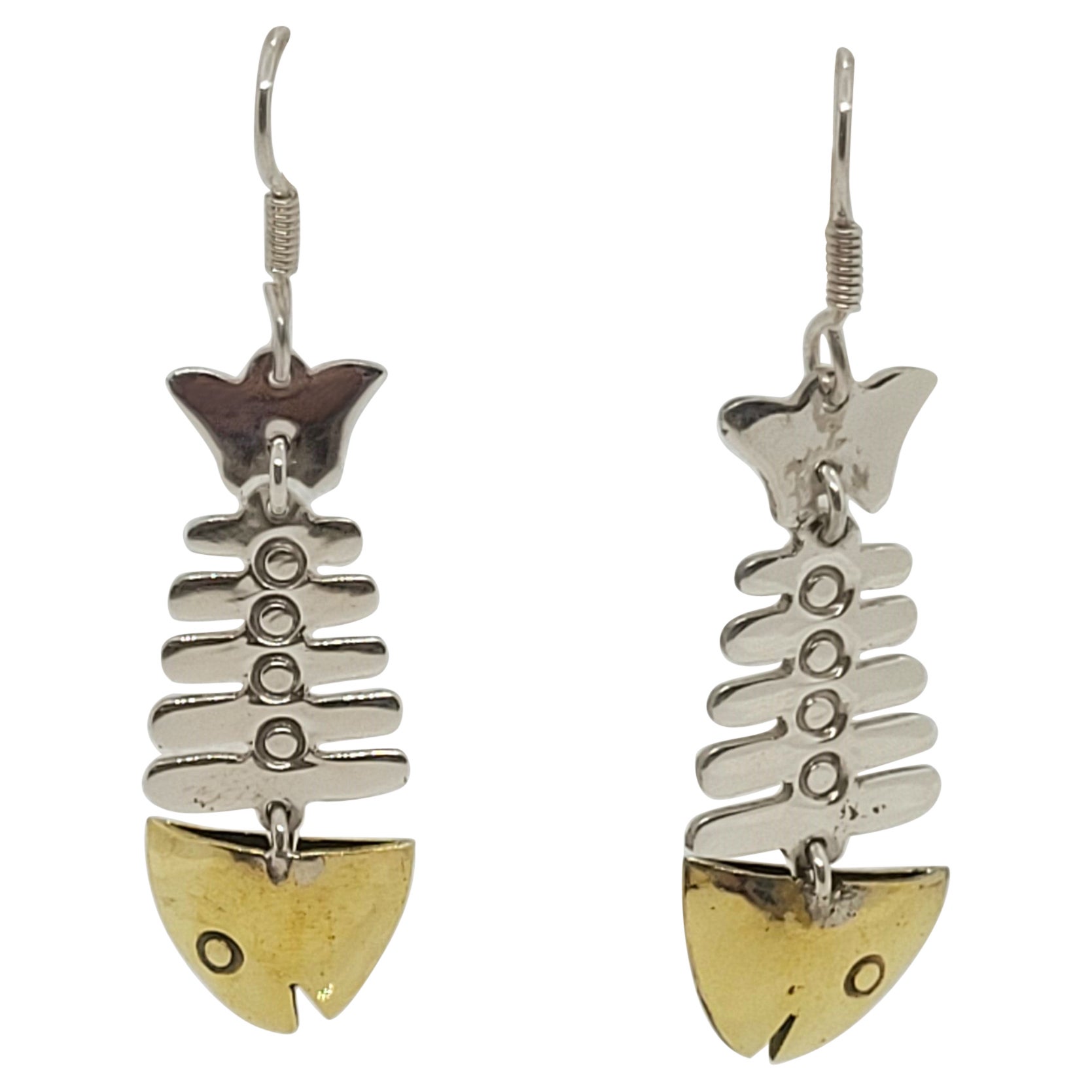 Silver Gold Plated Fish Bone Earrings, Hook Style Dangle, 11.3 Grams For Sale