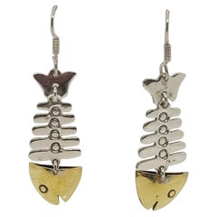 Used Silver Gold Plated Fish Bone Earrings, Hook Style Dangle, 11.3 Grams