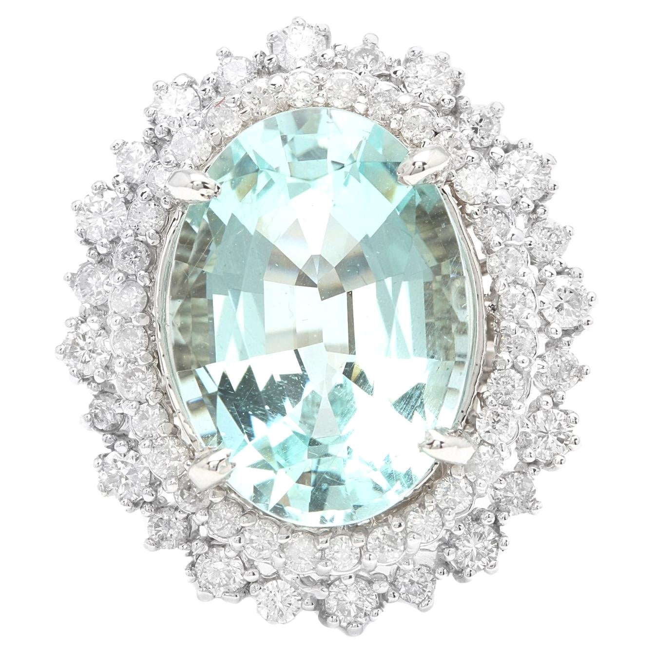 11.10 Carats Exquisite Natural Aquamarine and Diamond 14K Solid White Gold Ring For Sale