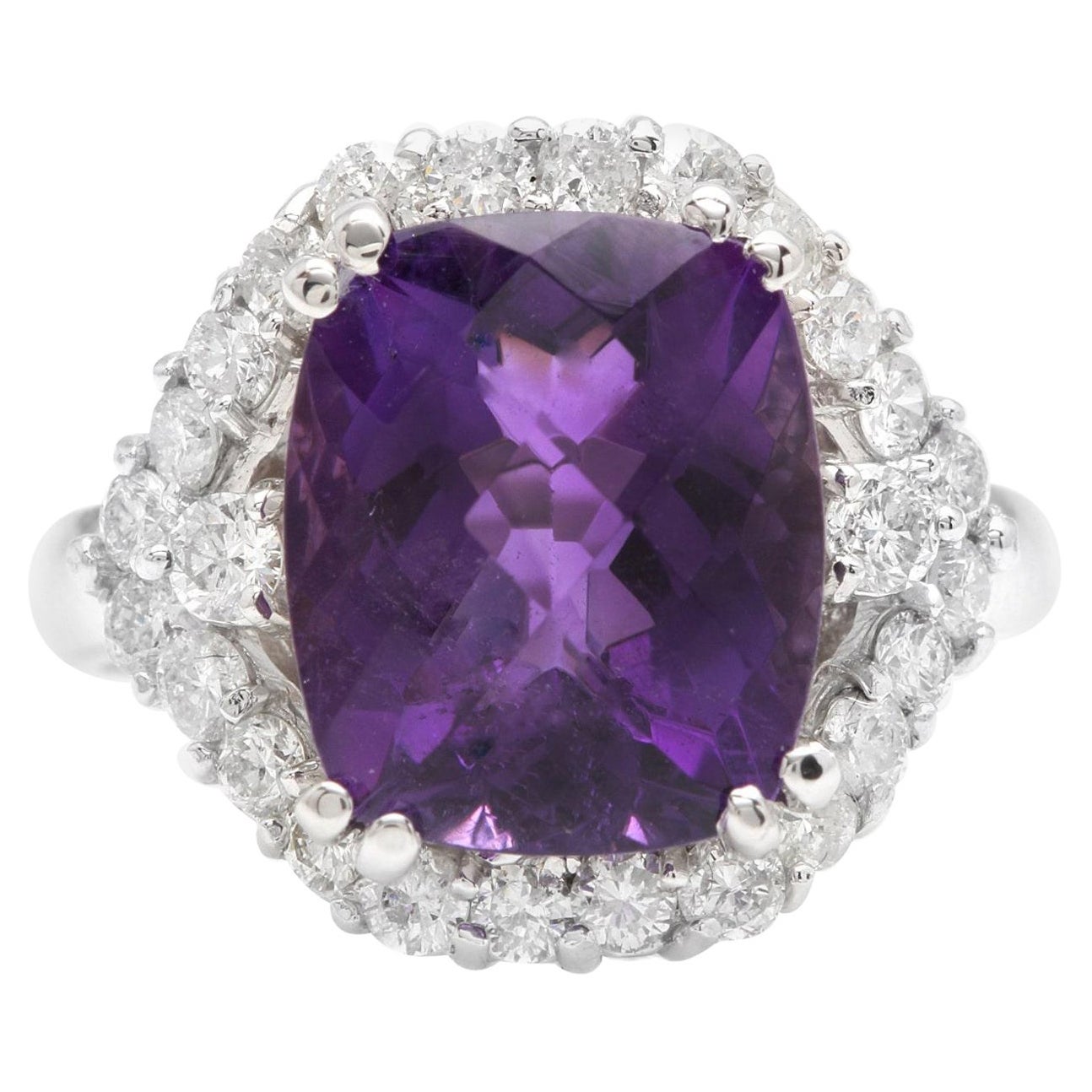 6.90 Carats Natural Amethyst and Diamond 14K Solid White Gold Ring For Sale