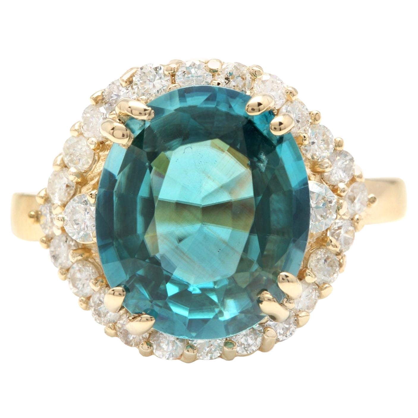 6.90 Ct Natural Very Nice Looking Blue Zircon and Diamond 14K Yellow Gold Ring