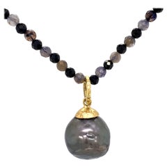 "Two-Faced" 18K Gold and Tahitian Pearl Fob with Beaded Chain of Spinel & Iolite