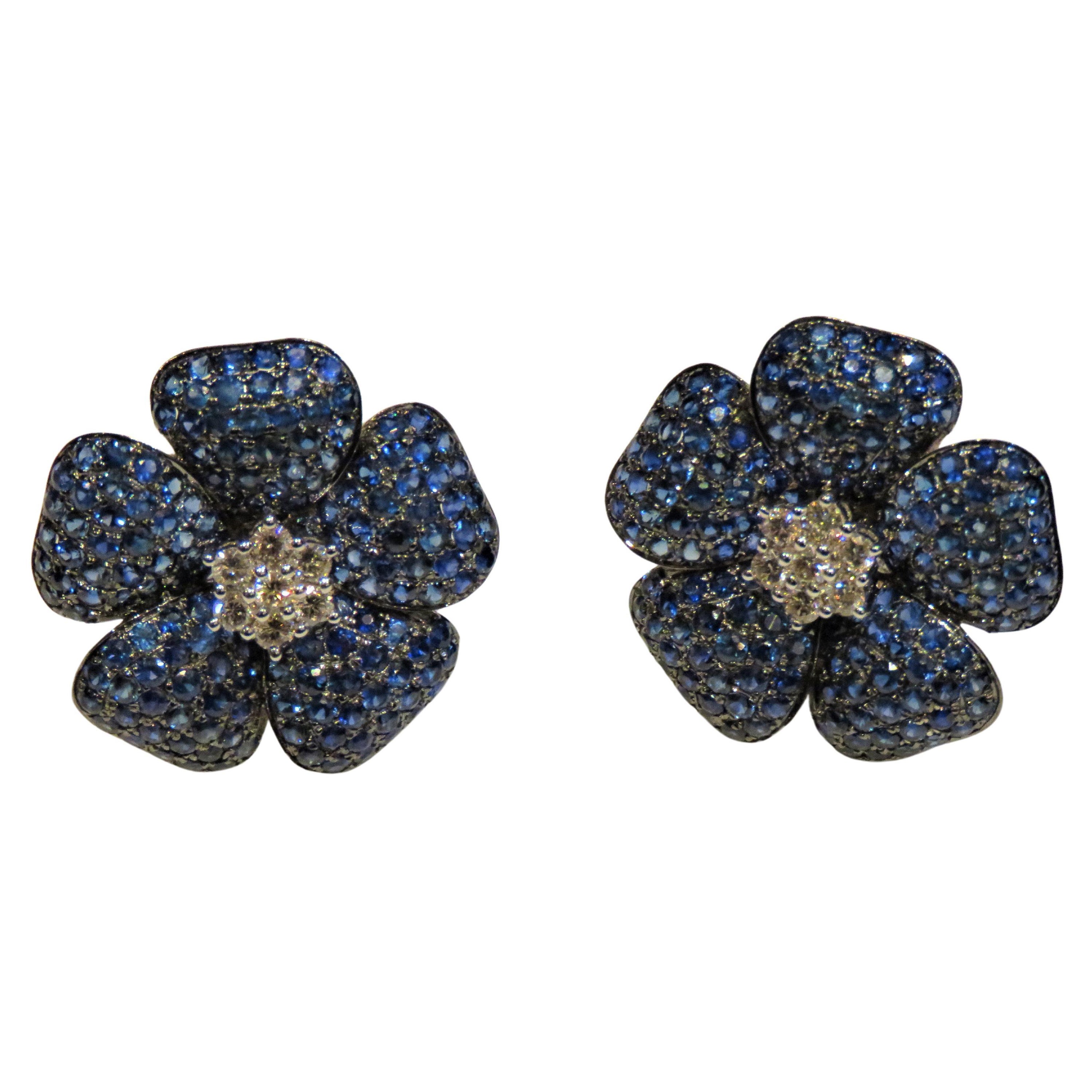 NWT $11, 409 18kt Gorgeous Fancy 8.50ct Blue Sapphire Flower Diamond Earrings For Sale
