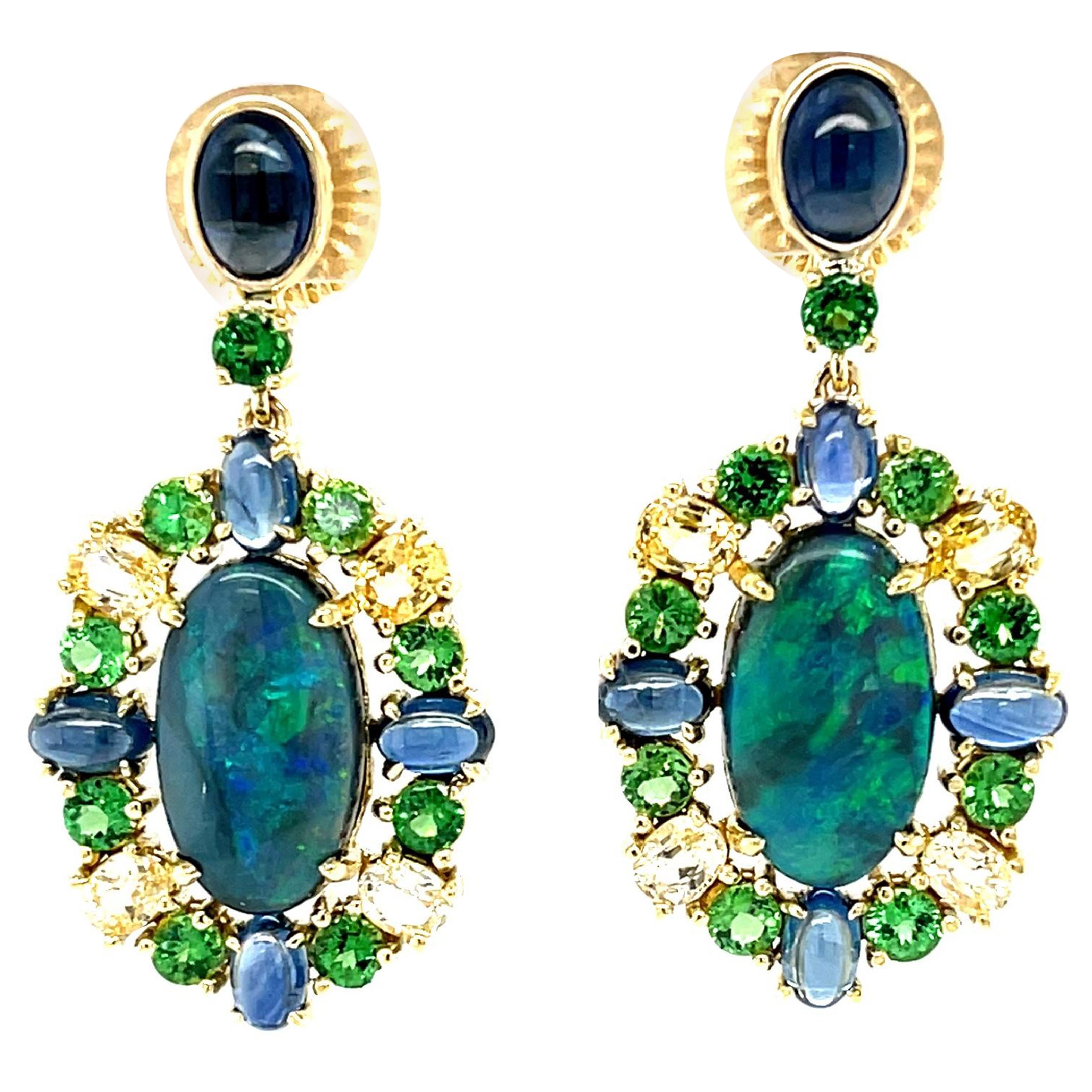 Black Opal, Blue Sapphire, Yellow Sapphire, Tsavorite Garnet Dangle Earrings