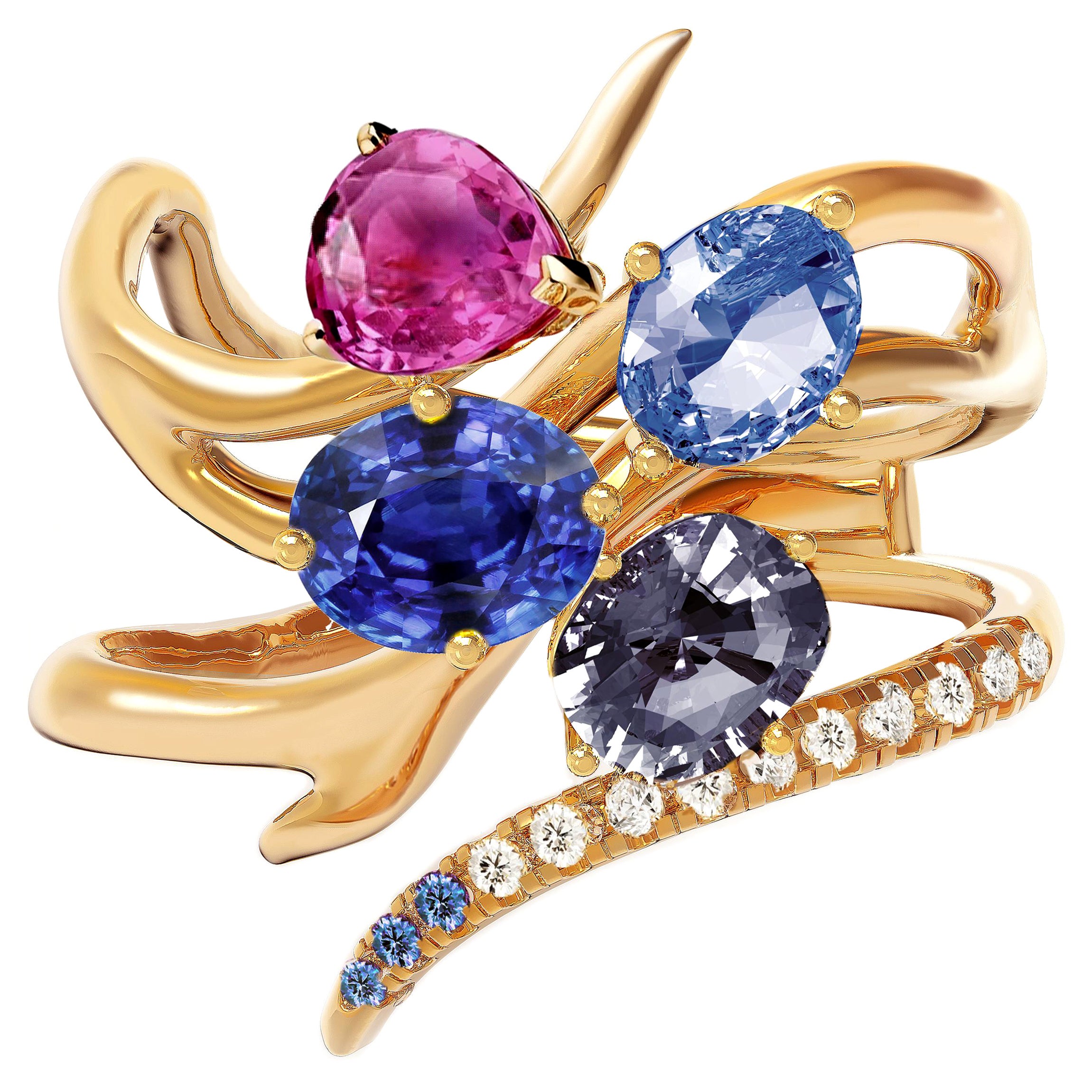 GGTL Certified Blue and Pink Sapphire Yellow Gold Contemporary Ring For Sale
