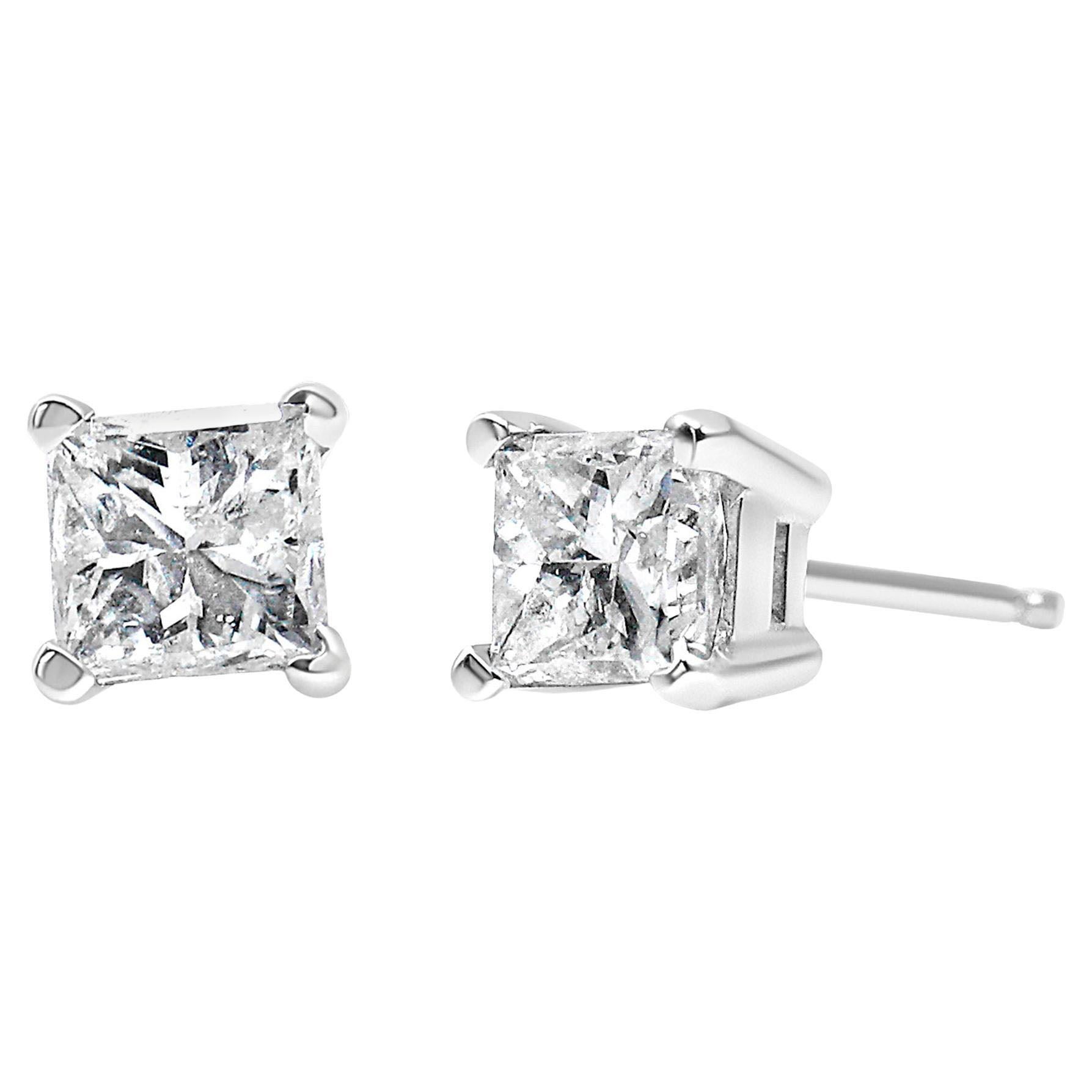 AGS Certified 1.0 Carat Square Diamond Solitaire Stud Earrings in 14K White Gold For Sale