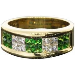 Princess Tsavorite Garnet Diamond Gold Band Ring