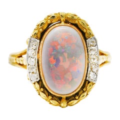 Anello vittoriano francese Opale Diamante Platino Oro Giallo 18 Carati Alloro Antico