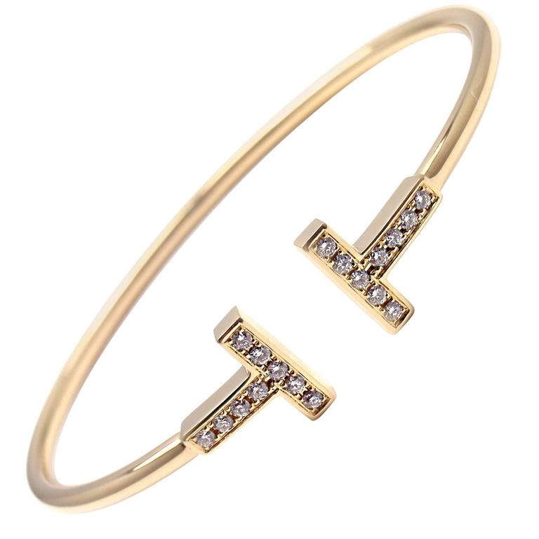 Tiffany and Co. Tiffany T Diamond Gold Wire Bangle Bracelet at 1stDibs
