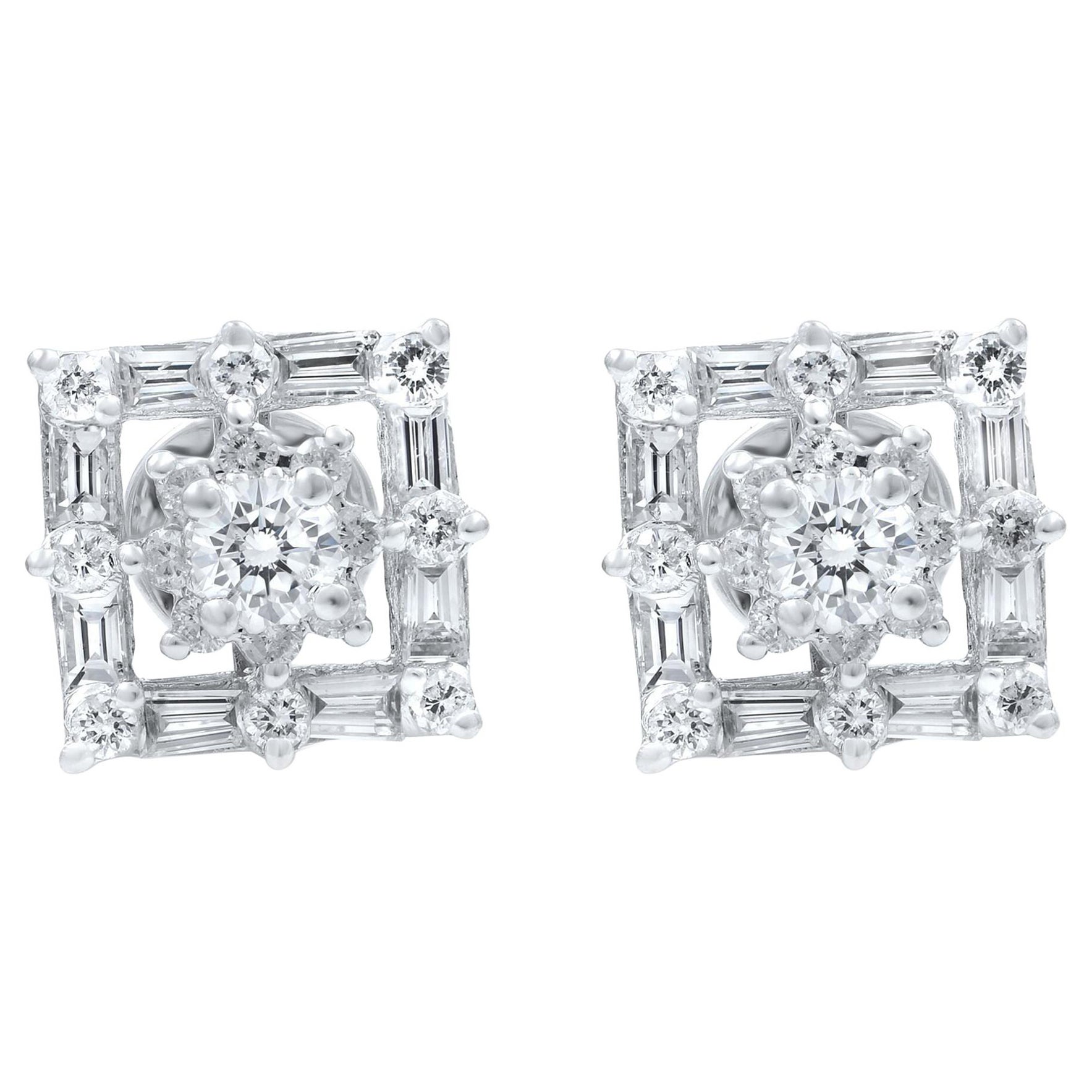 18 Karat White Gold Square Shaped Diamond Stud Earrings 0.77 Carat For Sale