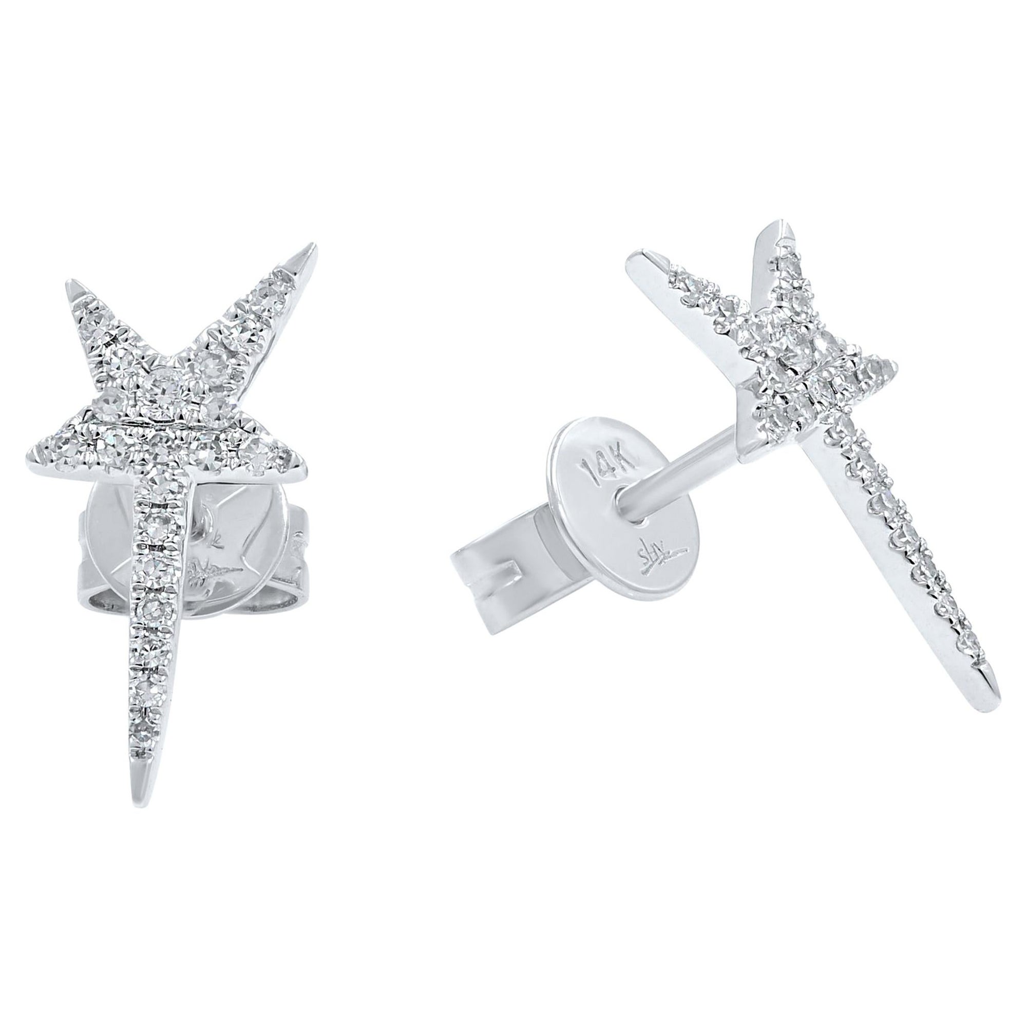 Rachel Koen Pave Diamond Star Stud Earrings 14K White Gold 0.13 Cttw For Sale