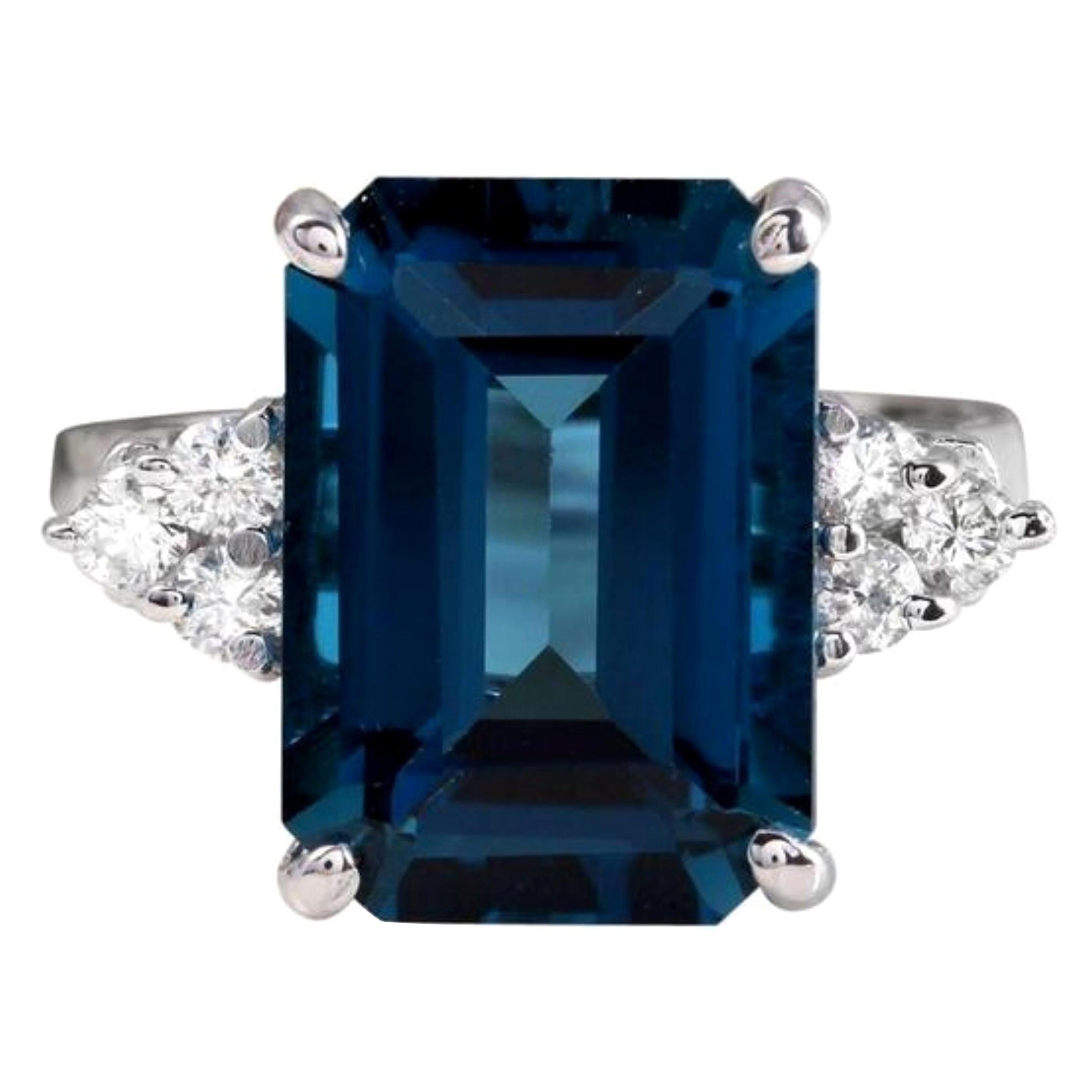 8.85 Carat Natural Impressive London Blue Topaz and Diamond 14K White Gold Ring