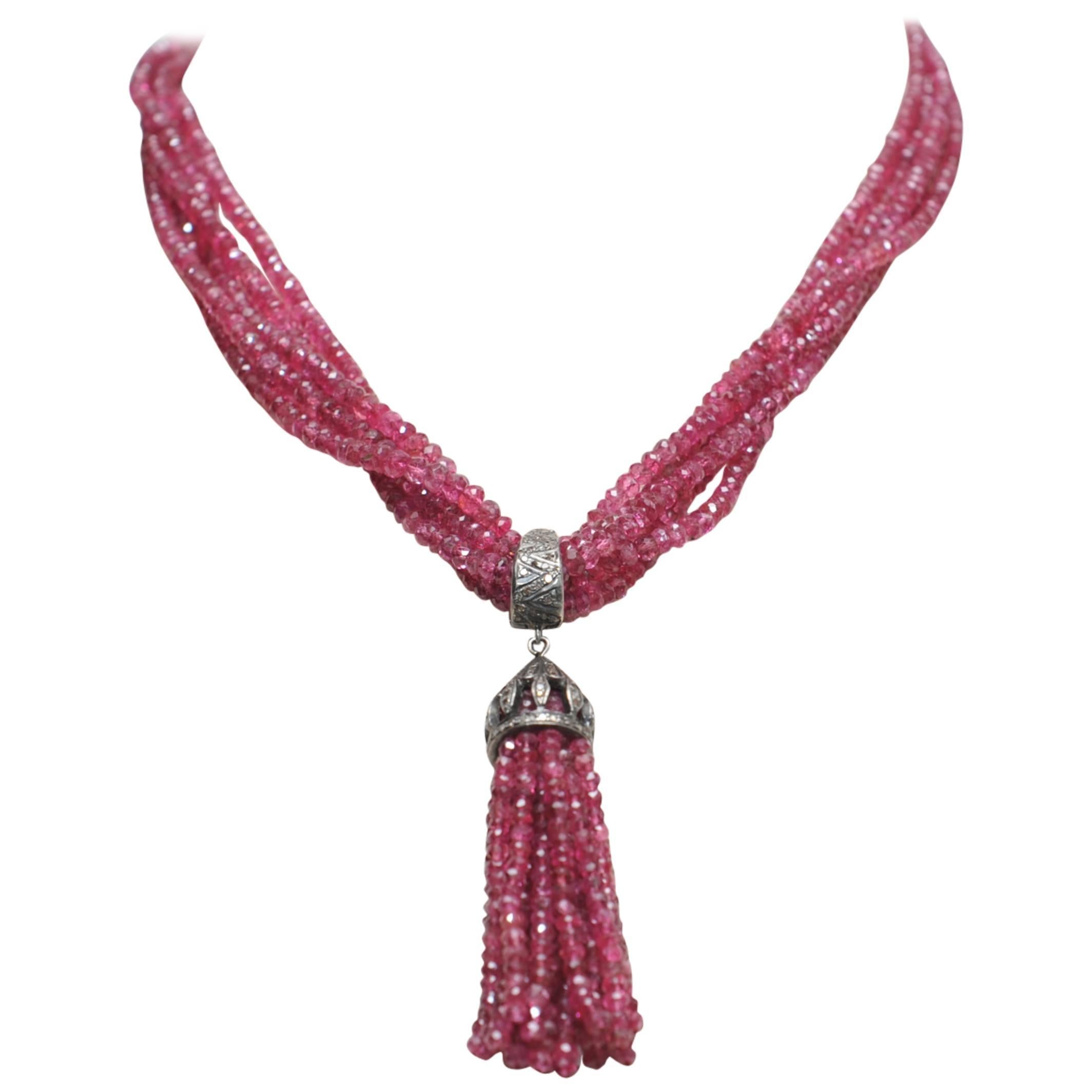 Multi-Strand Faceted Burmese Pink Ruby and Pave` Diamond Beaded Necklace For Sale
