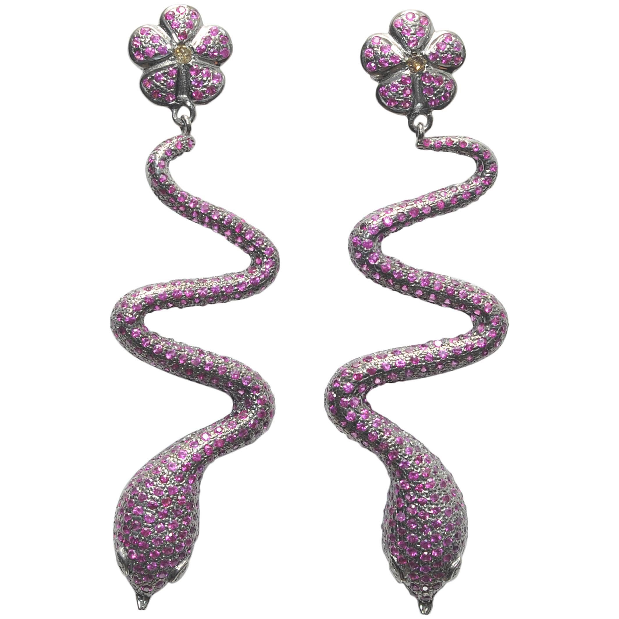 Pave`- Set Ruby and Diamond Sterling Silver Snake Earrings
