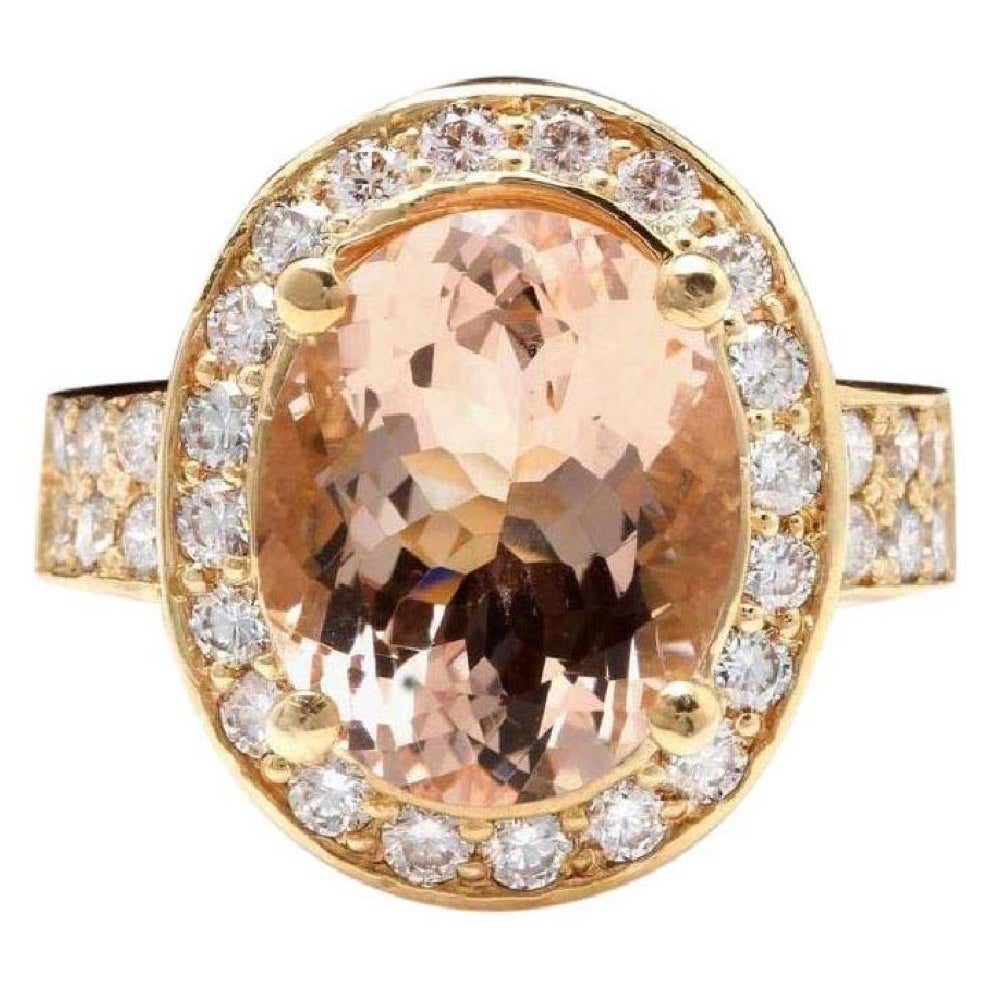 Bague en or jaune massif 14 carats avec diamants et morganite naturelle de 6,91 carats