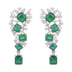 Set in 18K White Gold, Natural Zambian Emeralds & Diamonds Chandelier Earrings