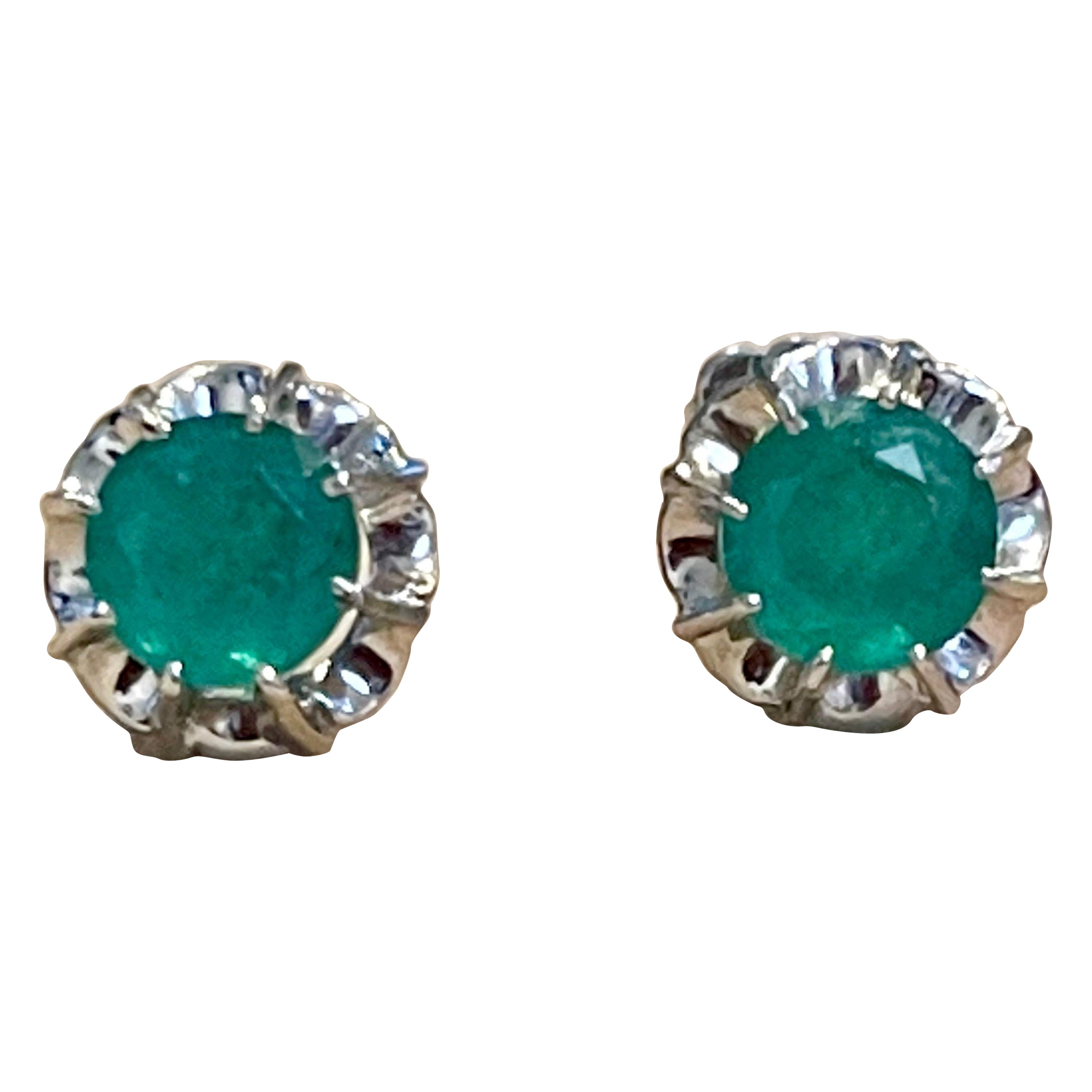2 Carat Round Natural Emerald Stud Post Earrings 18 Karat White Gold For Sale