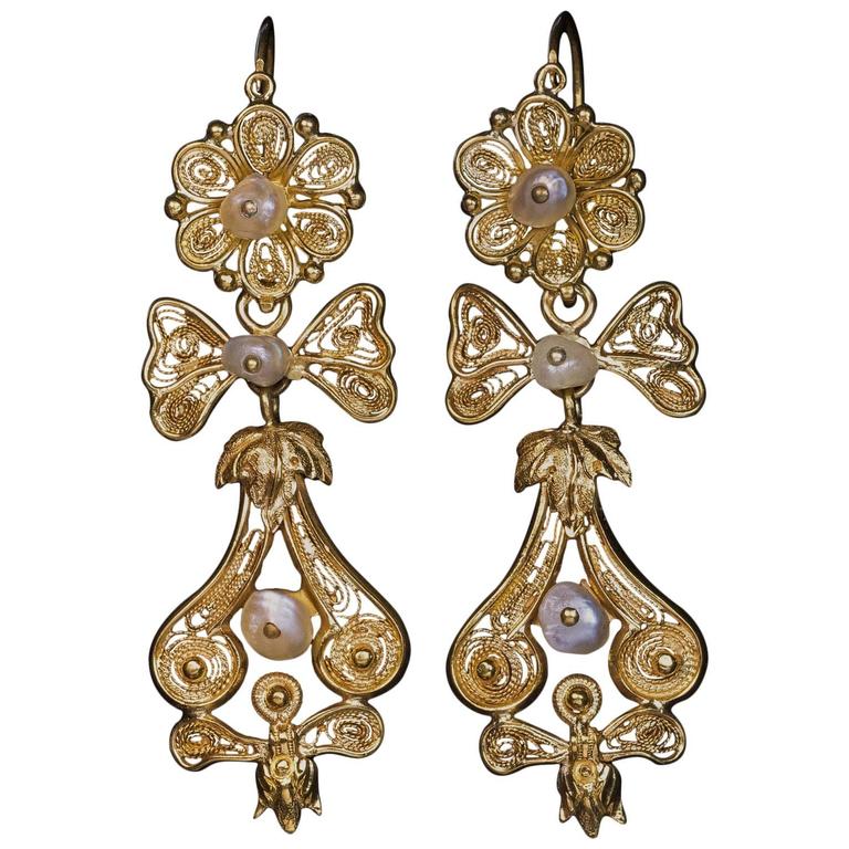 Antique 1800s Pearl Gold Filigree Day to Night Earrings at 1stDibs