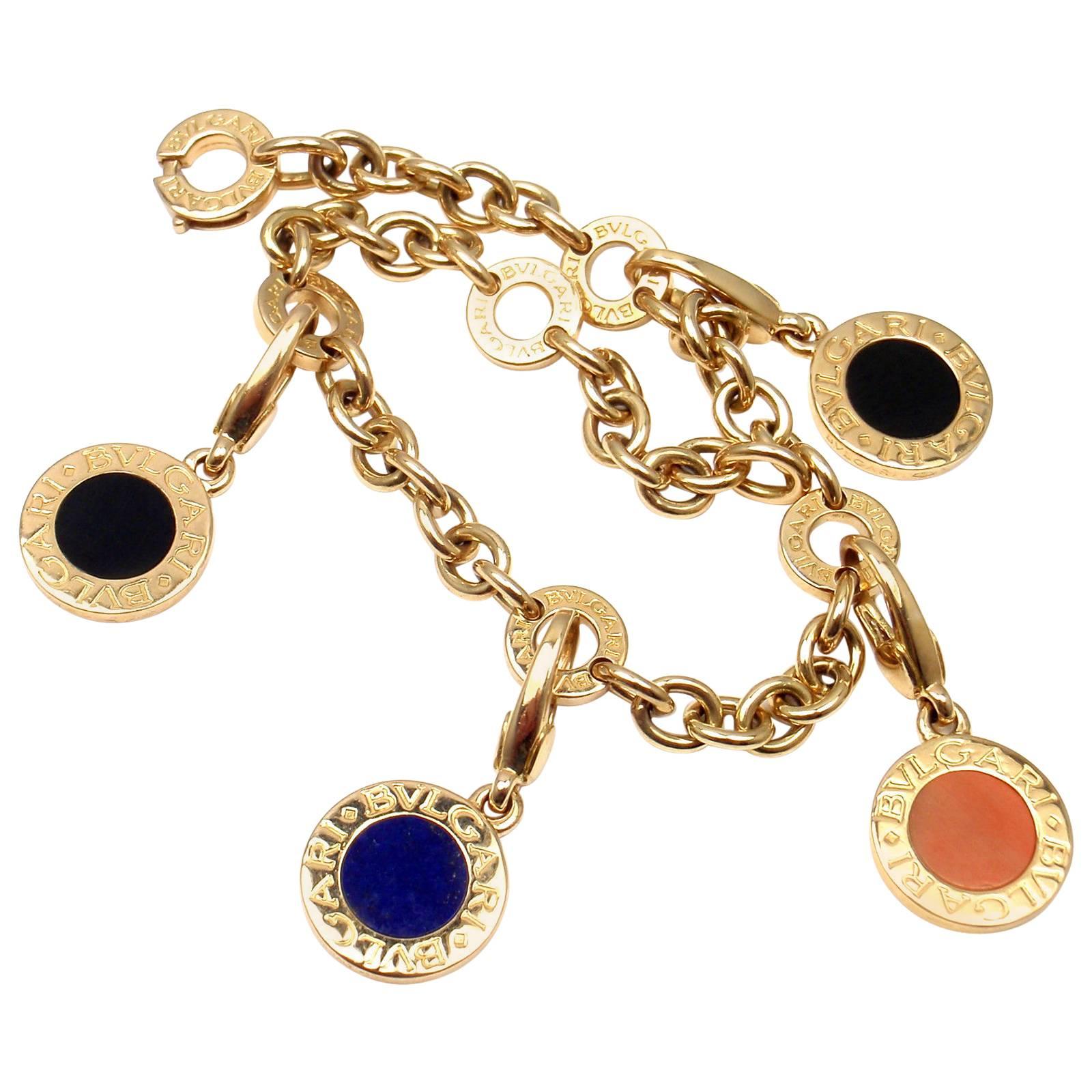 Bulgari Lapis Coral Black Onyx Gold Charm Link Bracelet