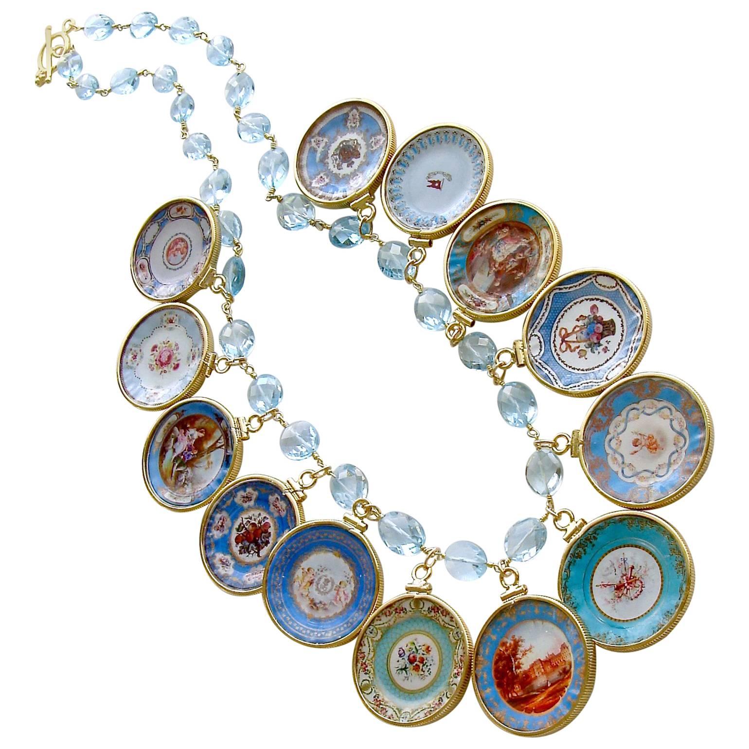 Blue Topaz Miniature Plates Charm Necklace