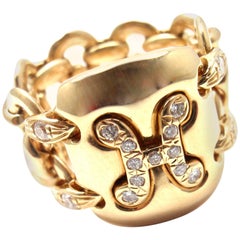 Hermes Diamond Gold H Wide Link Band Ring