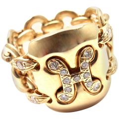 Hermes Diamond Gold H Wide Link Band Ring 2