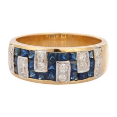 Bague unisexe de style grec en or jaune massif 14 carats avec saphir bleu et diamants