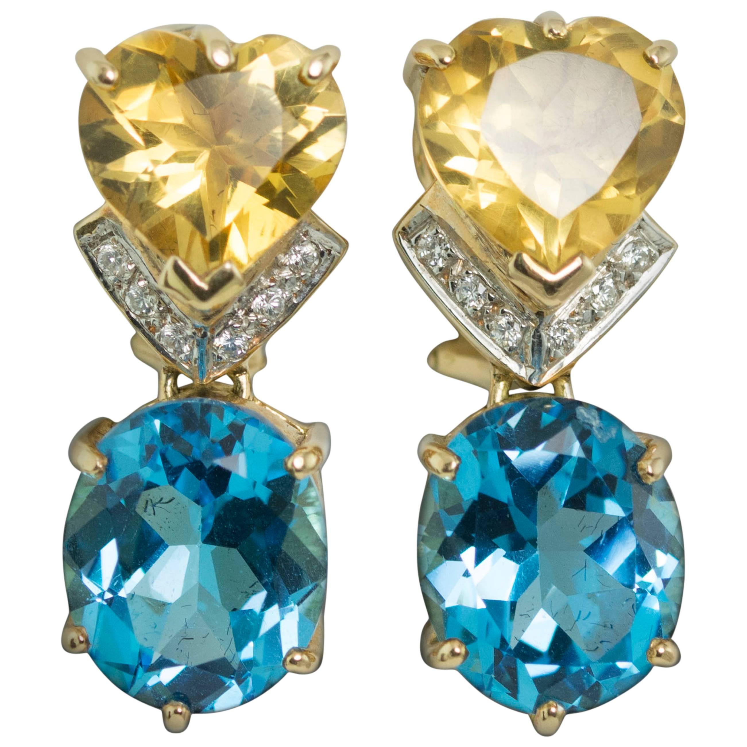 Topaz Citrine Diamond Gold Earrings 