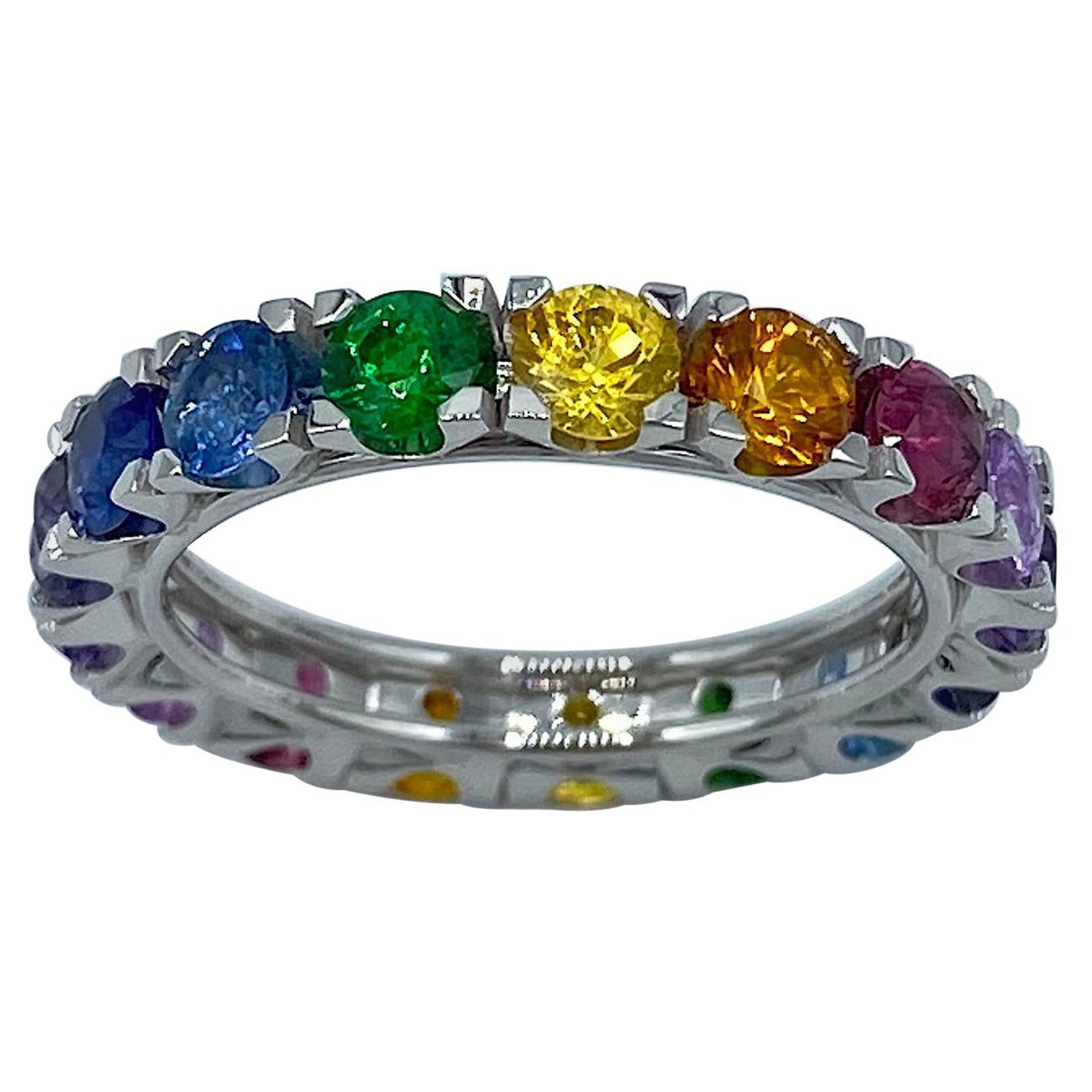 Bague en or blanc 18 carats avec saphirs arc-en-ciel et pierre semi-précieuse, fabriquée en Italie en vente